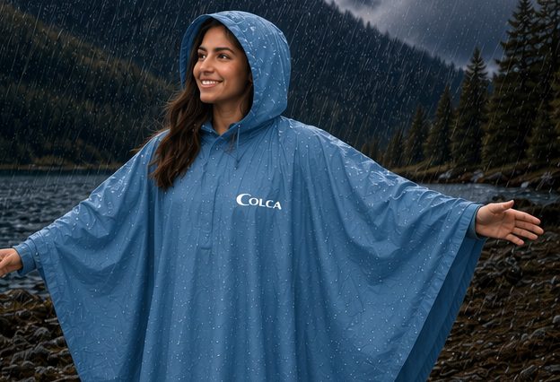 A trekker in a blue COLCA rain poncho in heavy rain