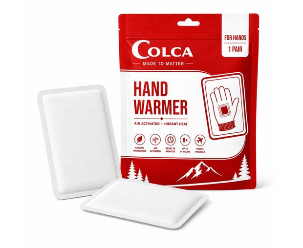 COLCA Hand Warmer sachets beside their packaging