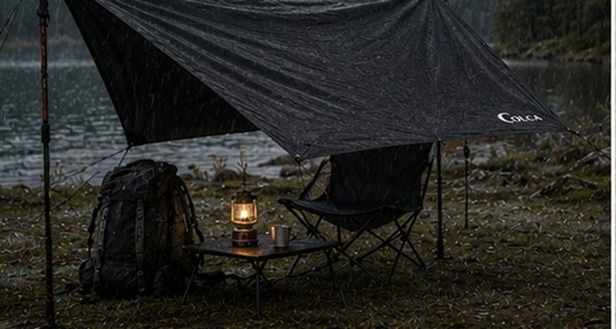 Poncho pitched as a camping tarp